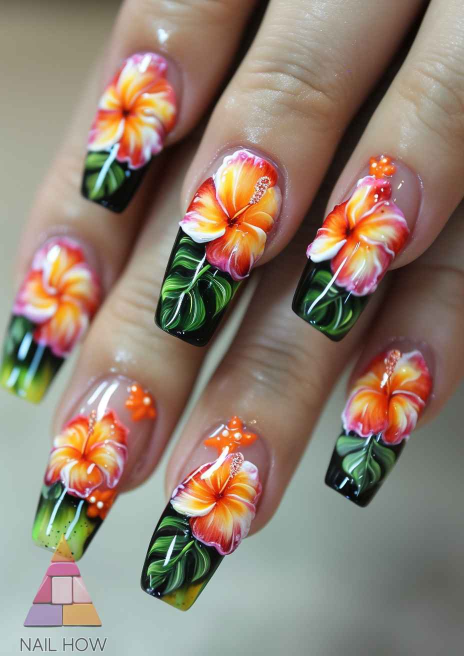 Aloha Nails: Embrace the Hawaiian Spirit with Vibrant Nail Designs 9 Hawaiian nail designs 24 https://nailhow.com/hawaiian-vibrant-nail-designs/