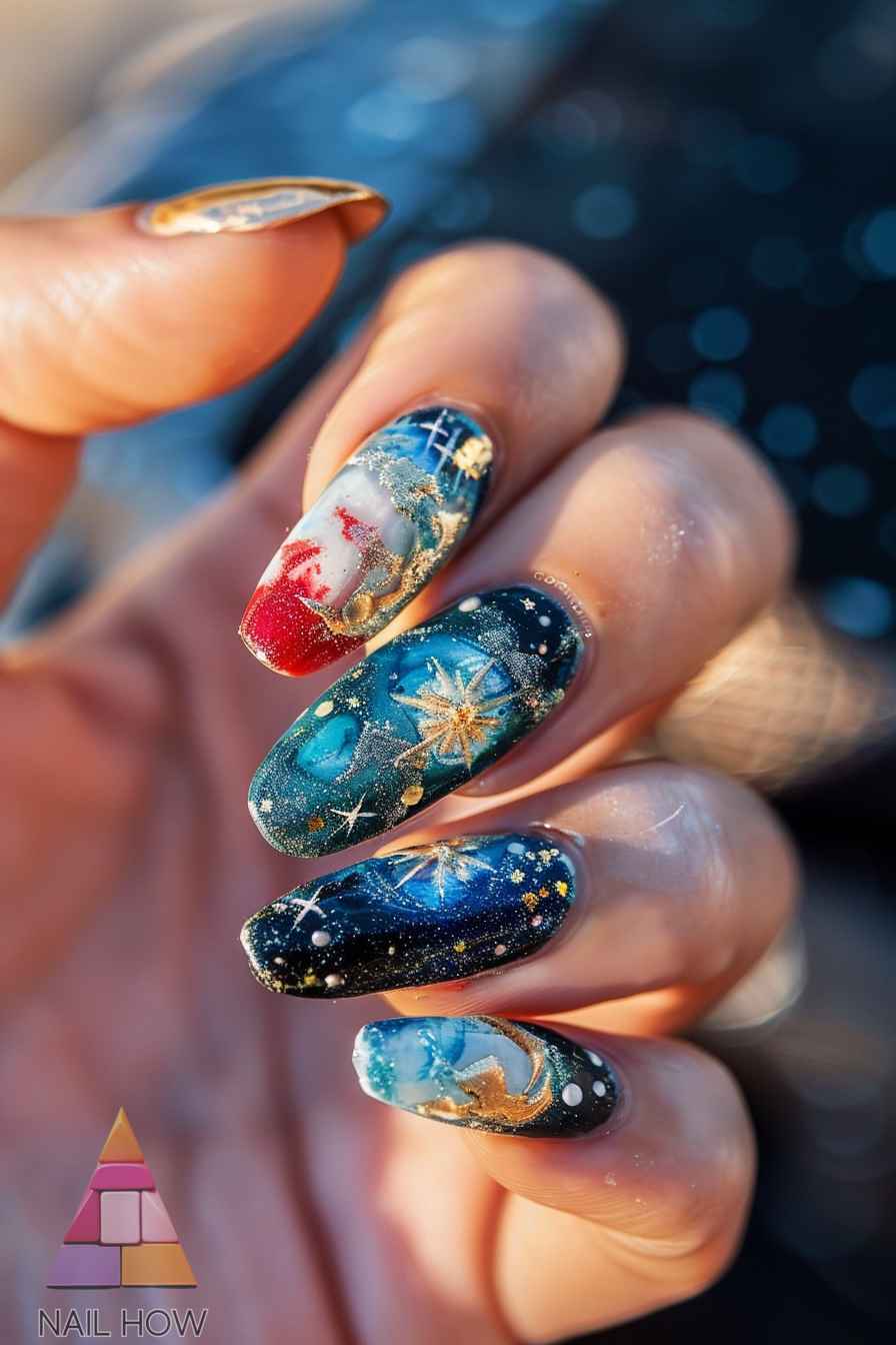 Celestial scorpion nail art with stars and constellations